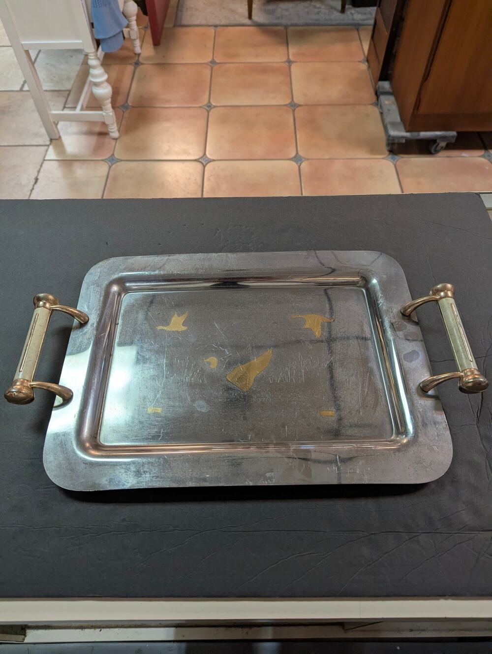 Vintage double handle platter Ducks on a pond serving tray stainless steel
